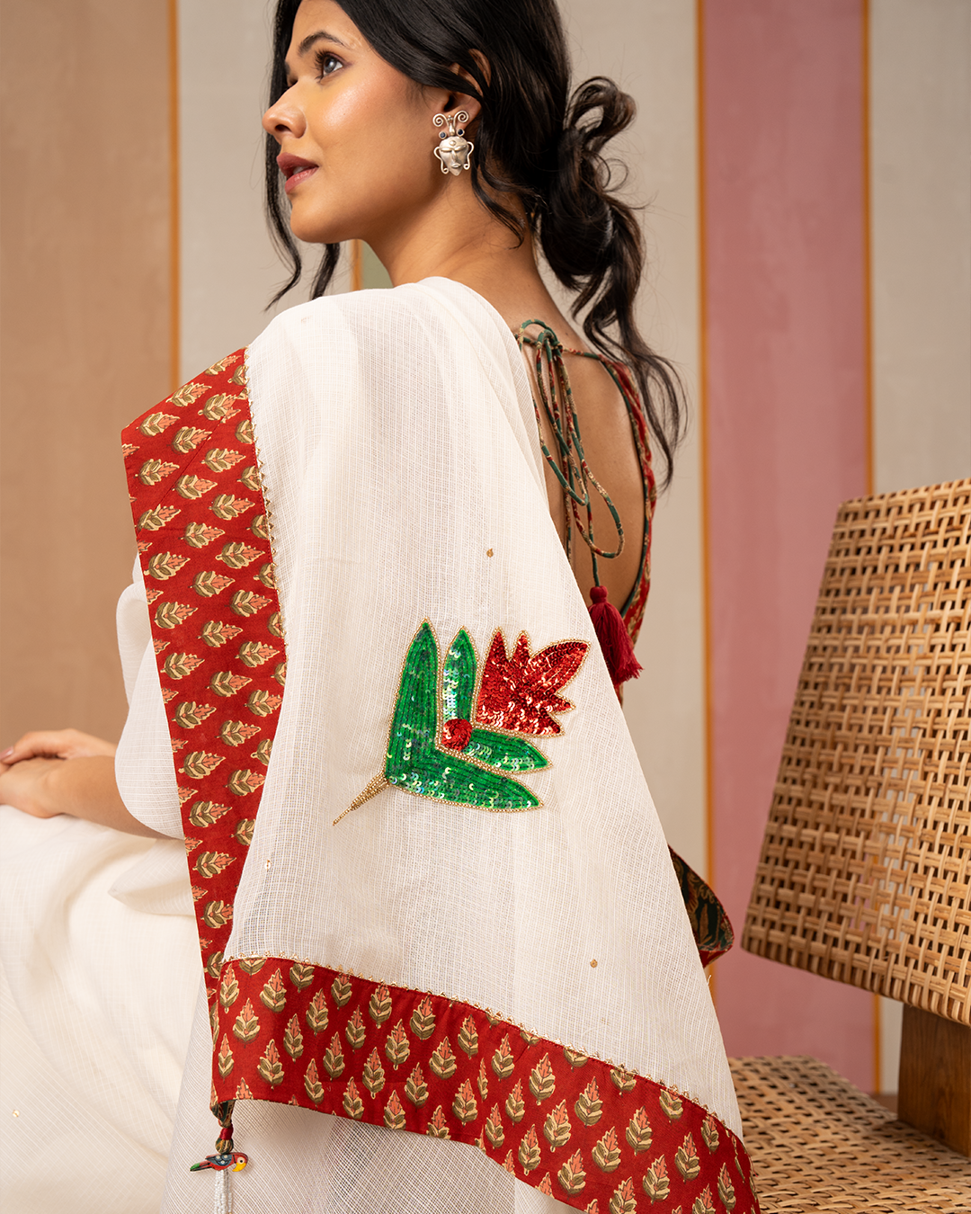 Off White Doria Blockprint Saree with Embroidery