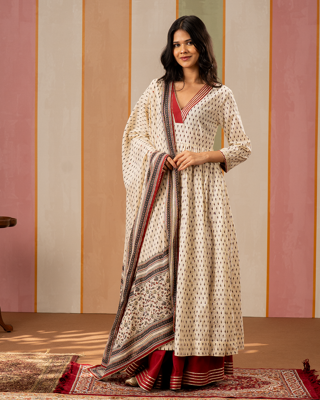 White Printed Cotton Flare Kurta Set