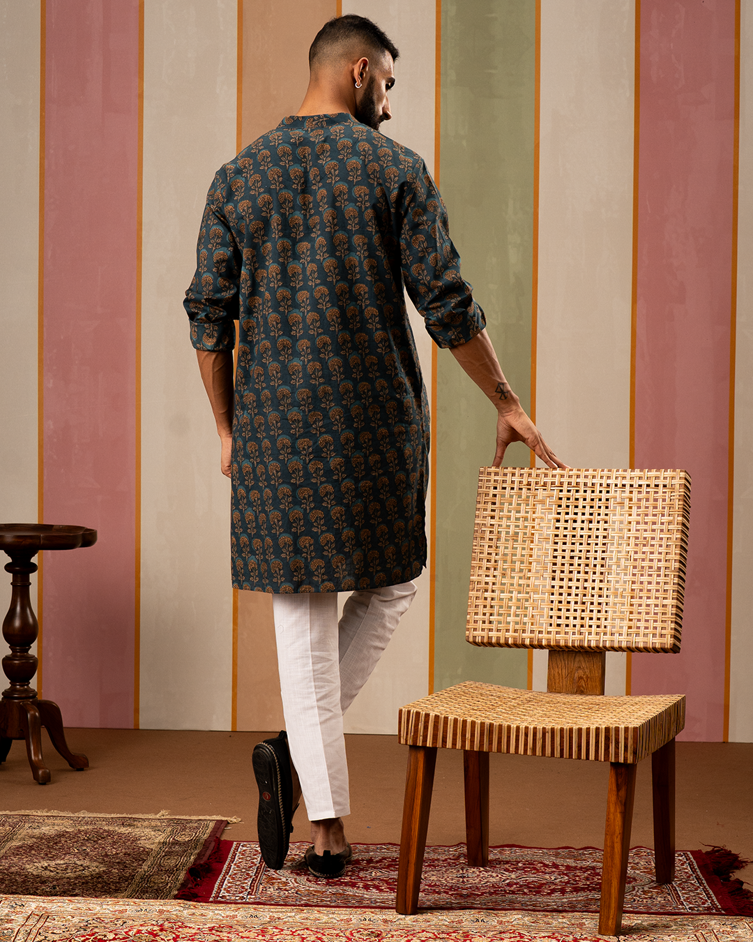 Blue Blockprint Cotton Kurta With Embroidery
