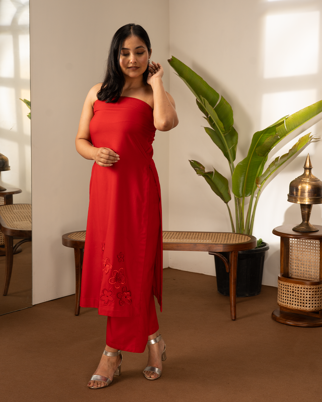 Red Cotton Flower Applique Tube Kurta