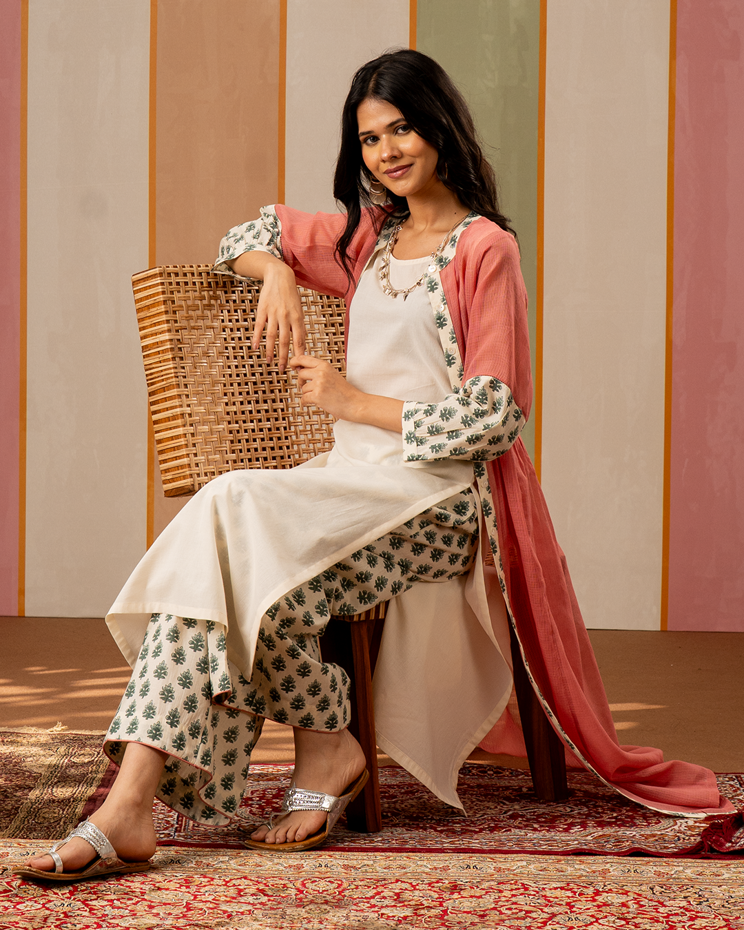 Pink and White Printed Cotton Doria Kurta Set