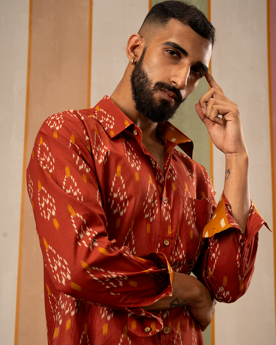 Rust Ikat Printed Cotton Shirt