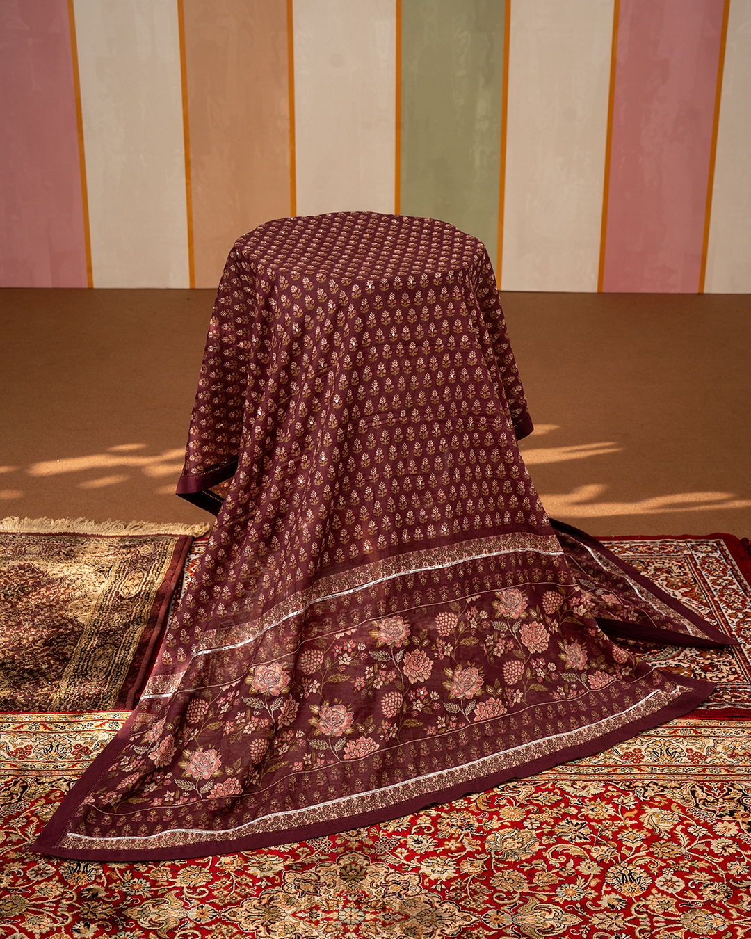 Purple Blockprint Cotton Dupatta with Embroidery