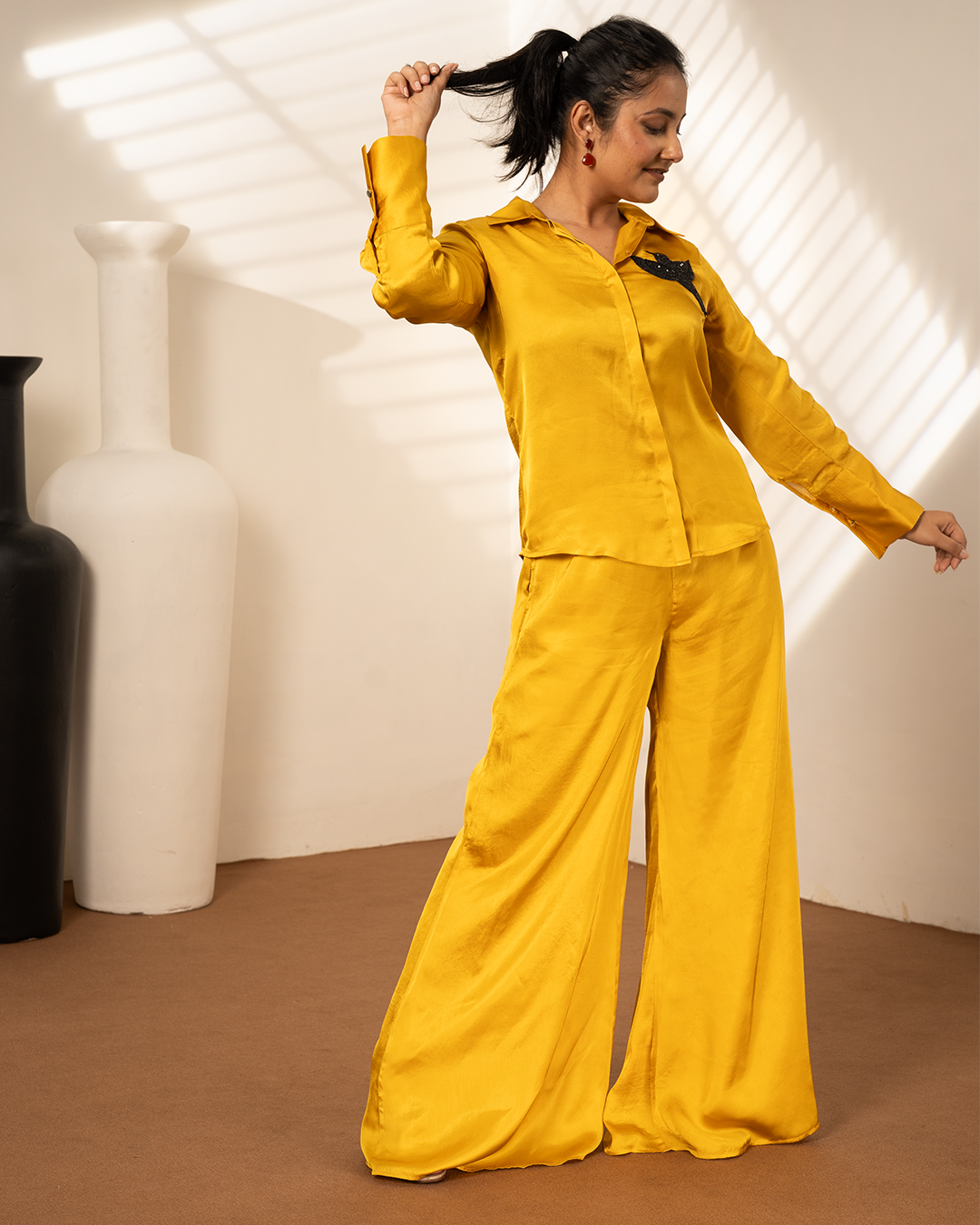 Ochre Yellow Satin Shirt Coord Set
