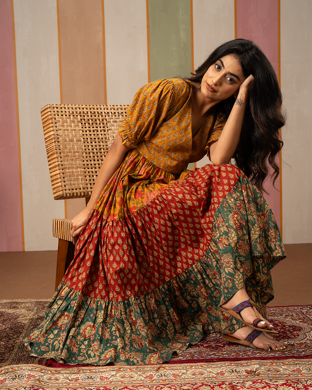 Multicolour Blockprint Cotton Flare Midi Dress