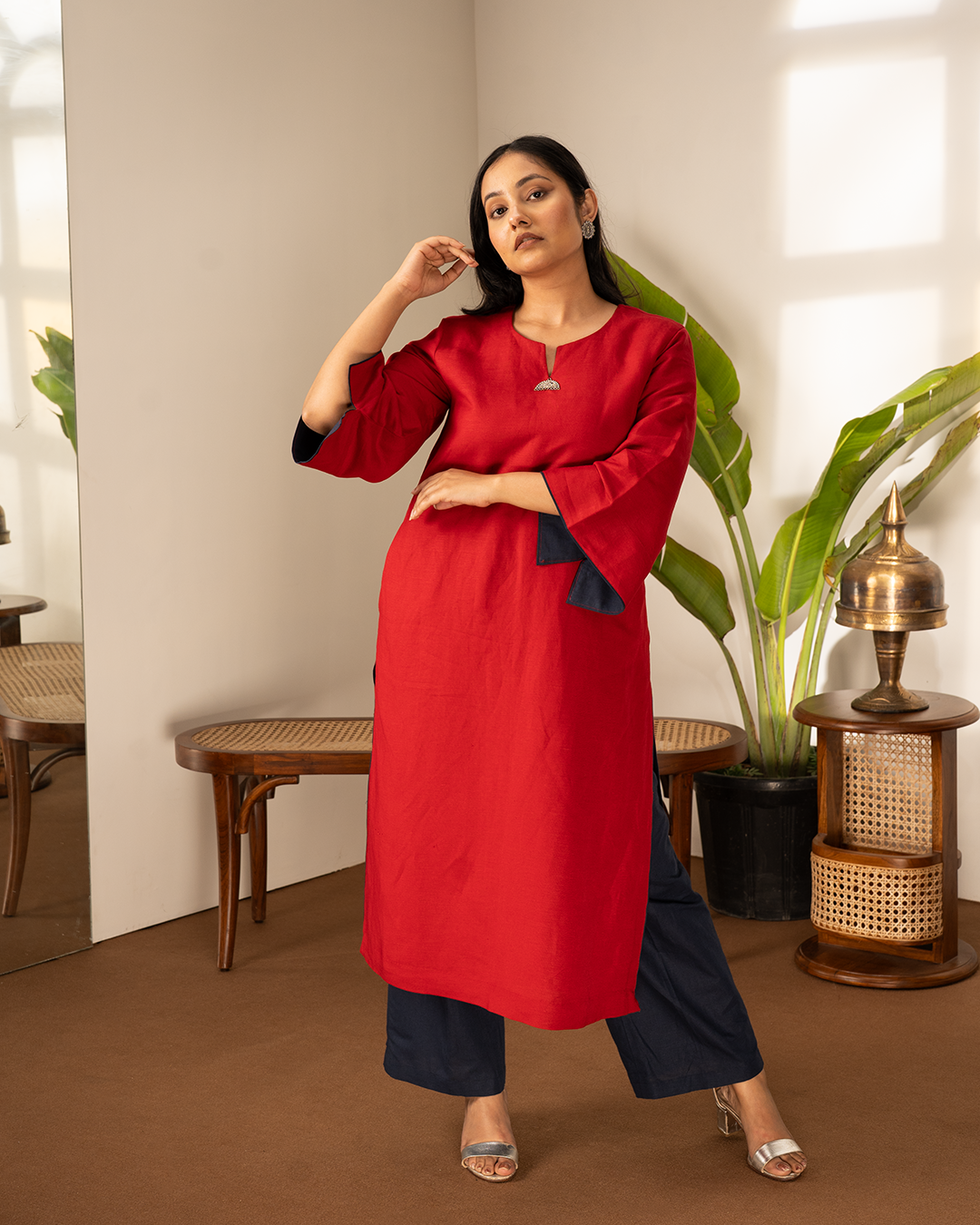 Red Blue Linen Asymmetrical Kurta