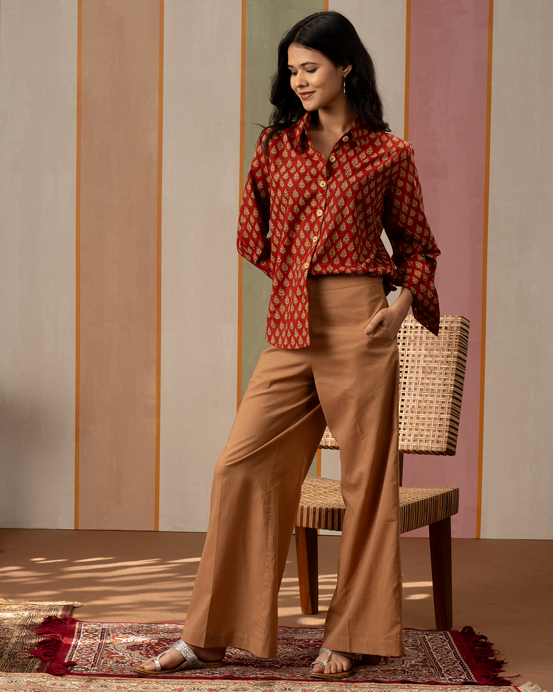 Red and Brown Cotton Blockprint Shirt Coord Set