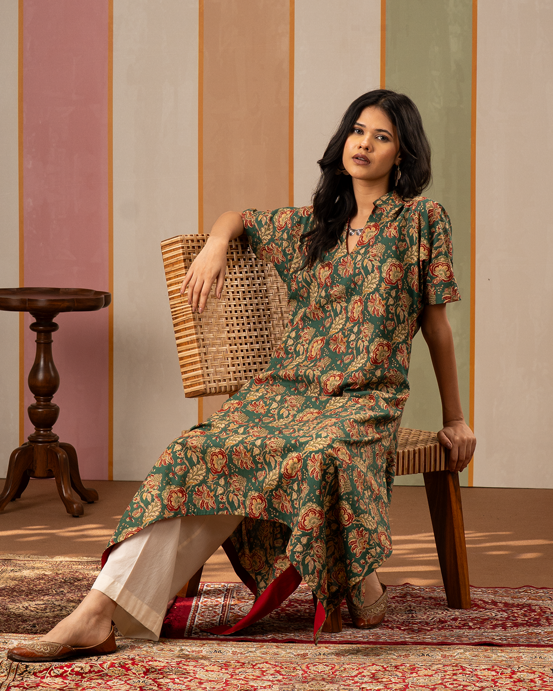 Green Printed Cotton Kaftan Kurta Set