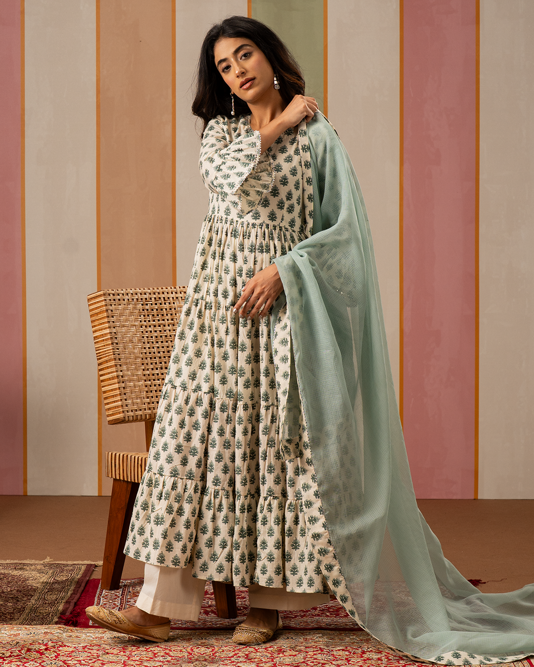 Sea Green and White Printed Flare Long Kurta Set