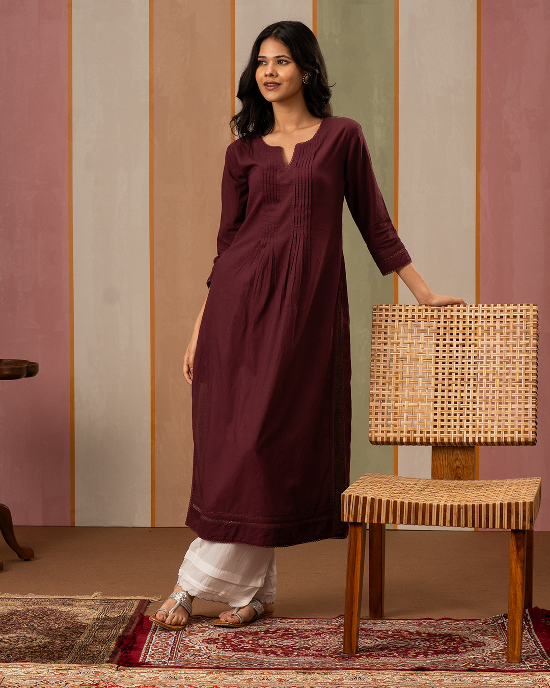 Purple Solid Cotton Straight Kurta
