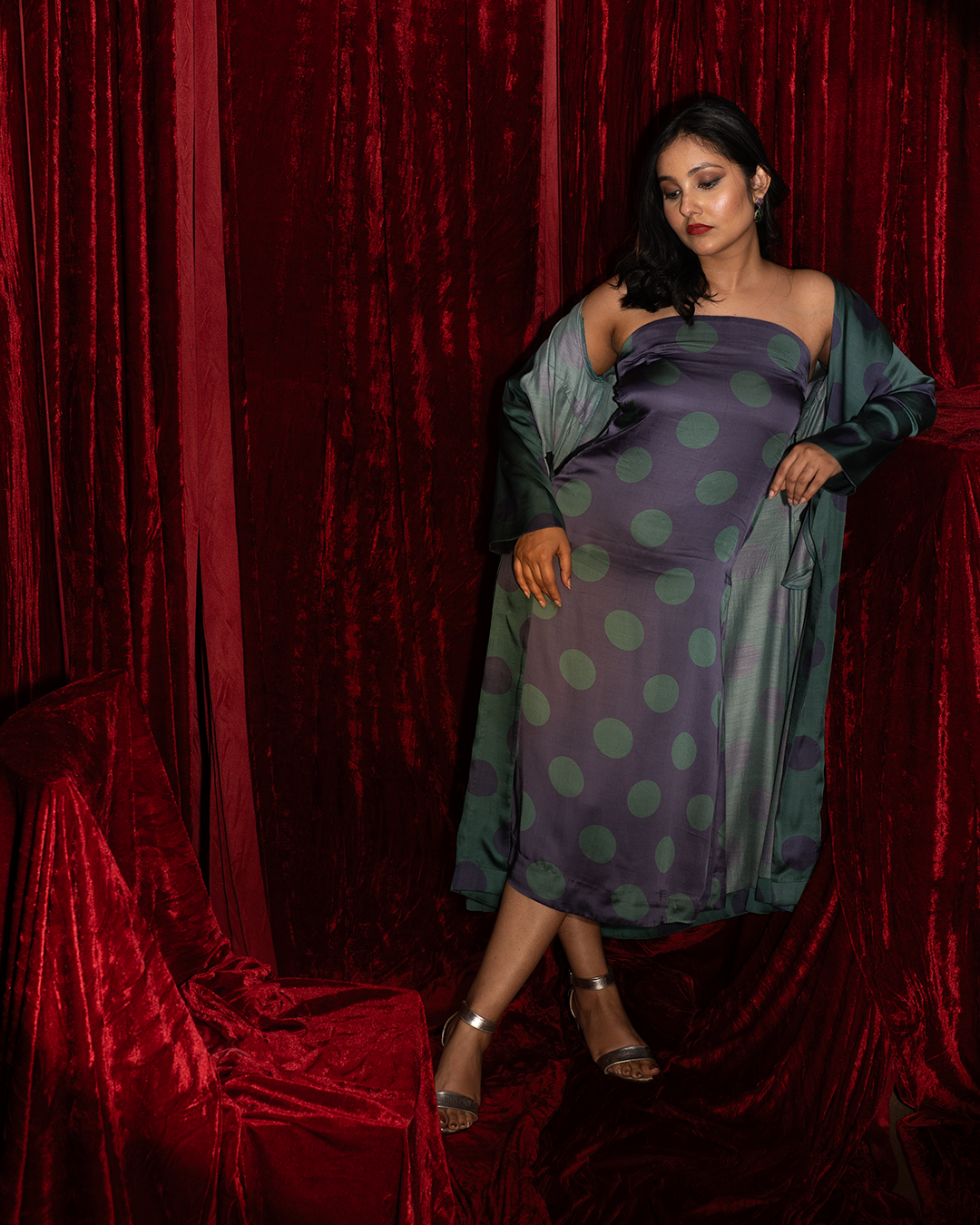 Green Polka Dot Satin Midi Tube Dress
