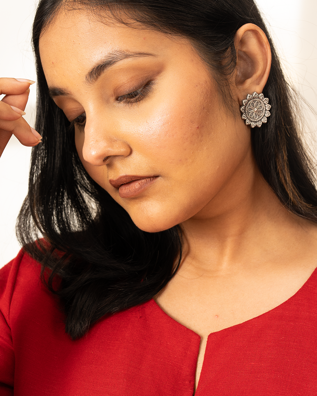 Antique Silver Carved Flower Stud Earrings