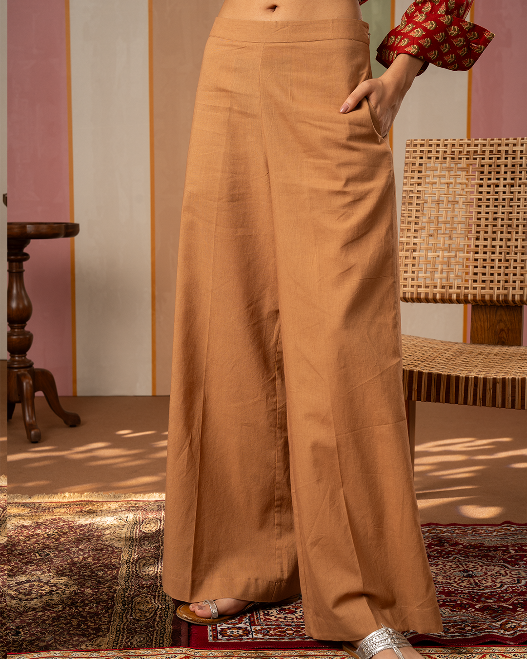 Brown Cotton Solid Palazzo Pants
