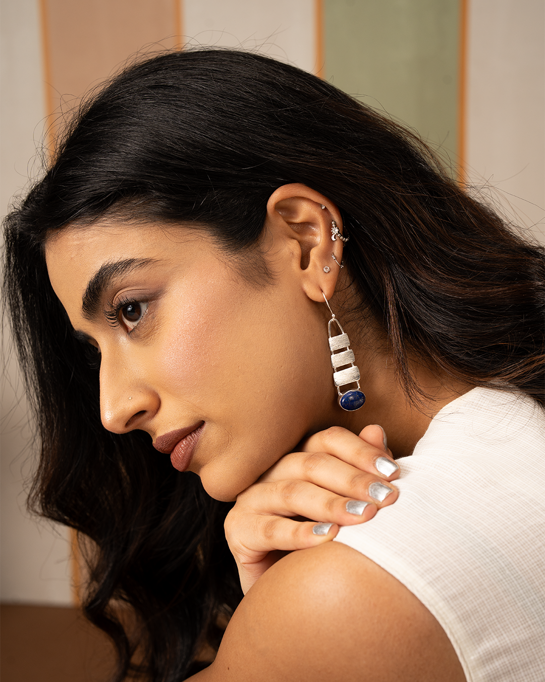 Antique Silver Blue Stone Dangle Earrings