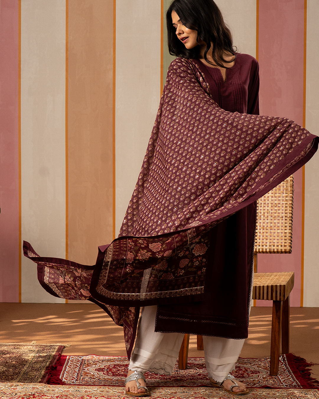 Purple Blockprint Cotton Dupatta with Embroidery