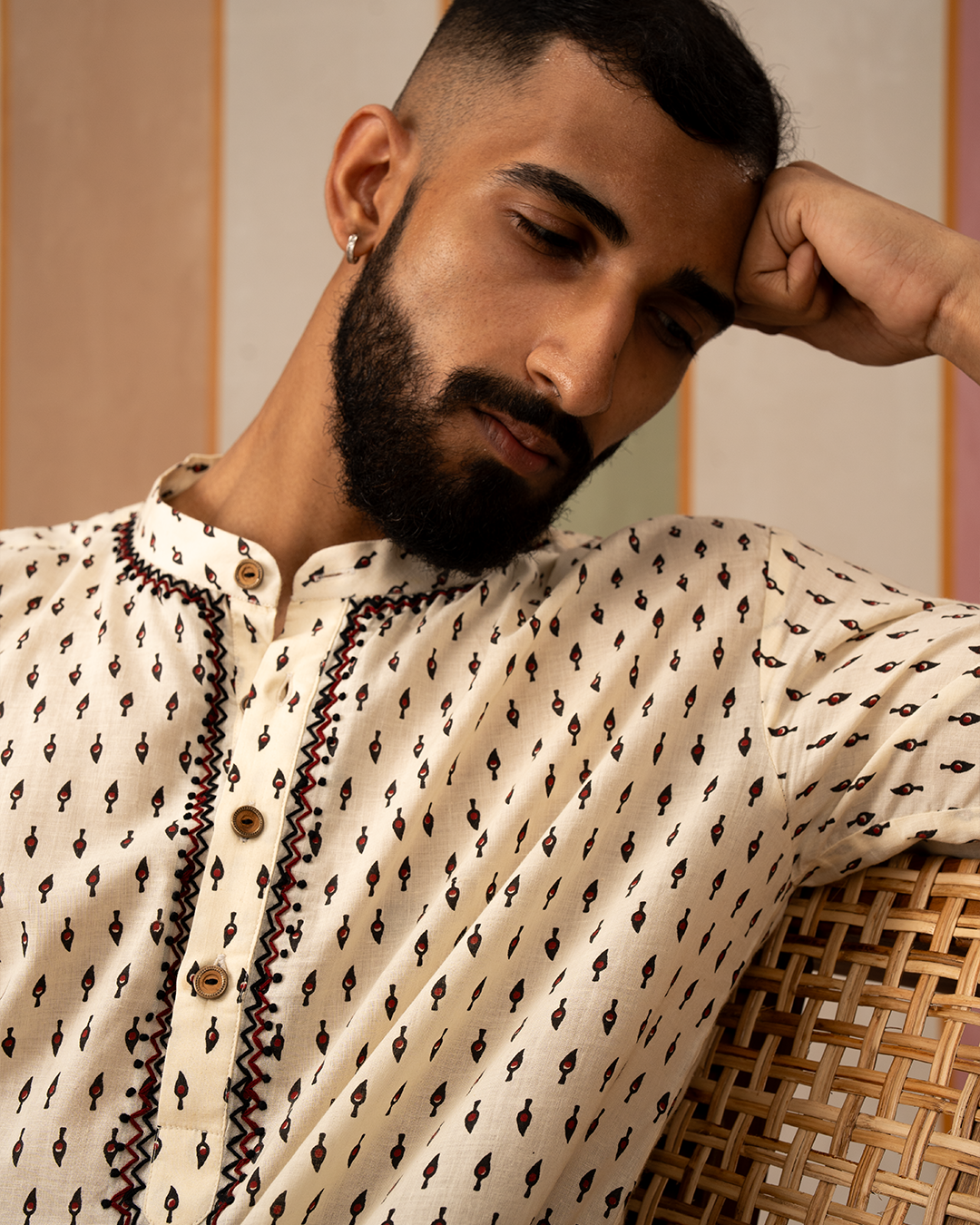 White Blockprint Cotton Kurta With Embroidery