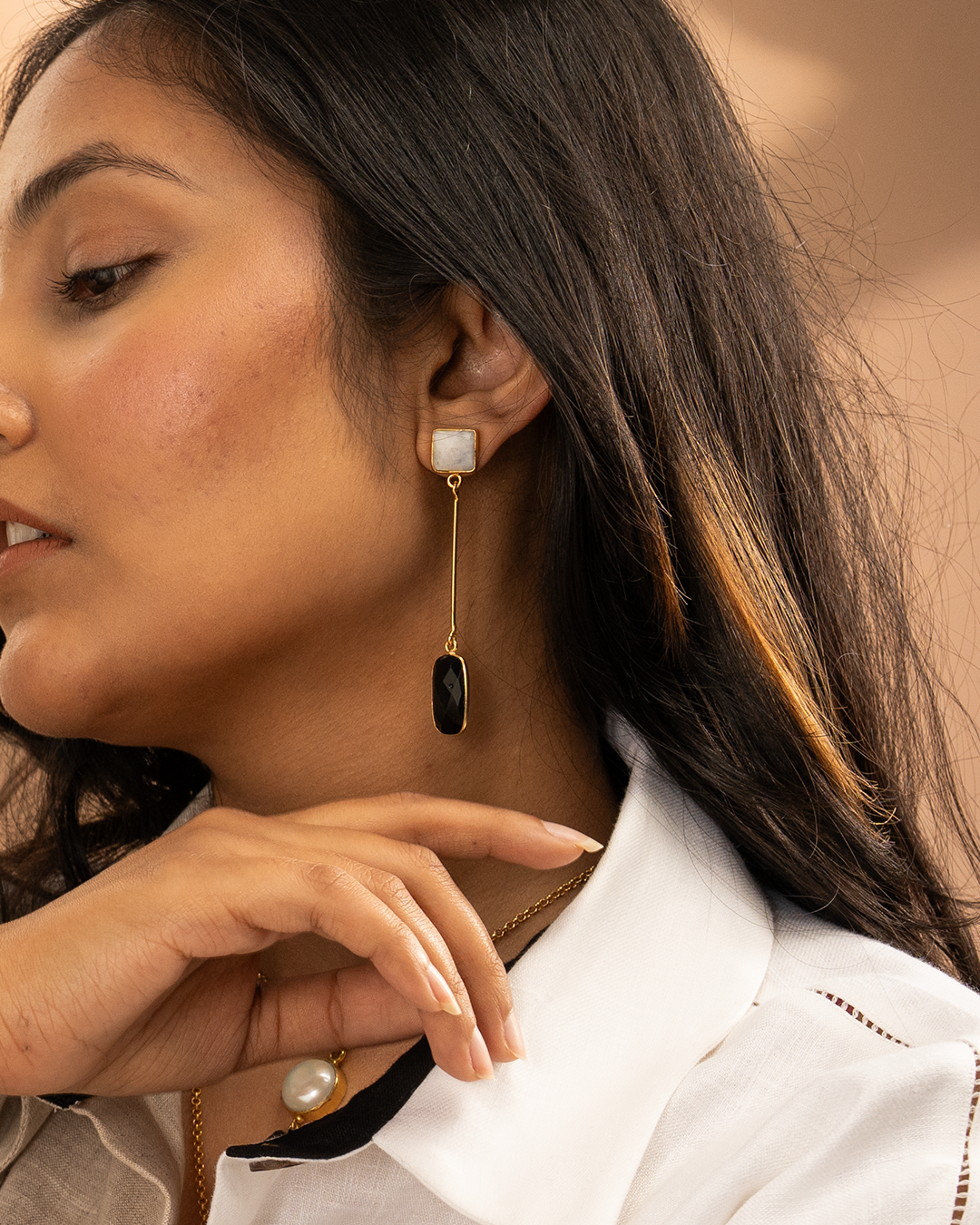 Gold White Black Stone Dangle Earrings