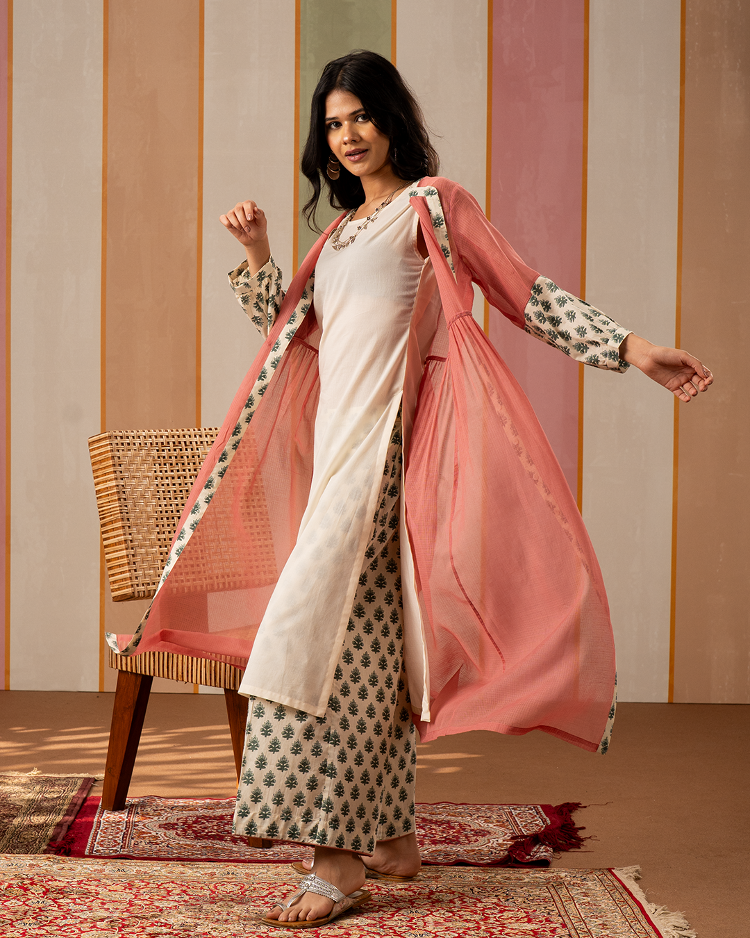 Pink and White Printed Cotton Doria Kurta Set
