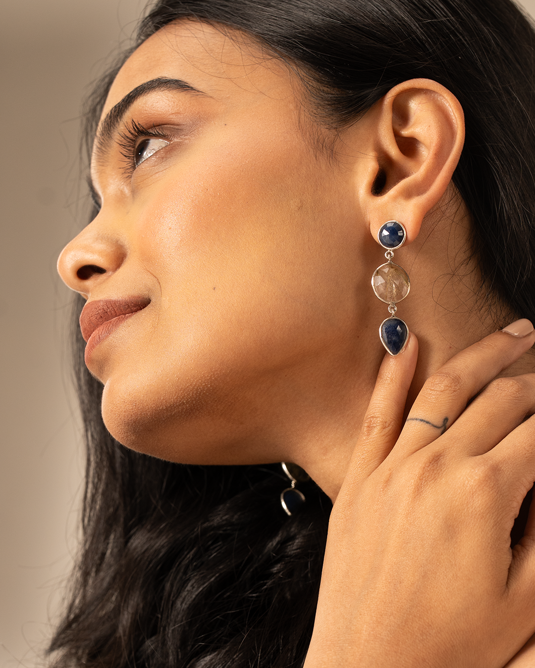Silver Blue White Stone Dangle Earrings
