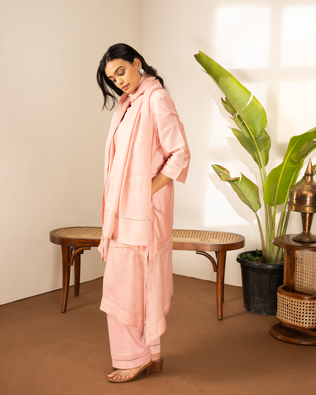 Pink Cotton Silk Tissue Asymmetrical Kurta