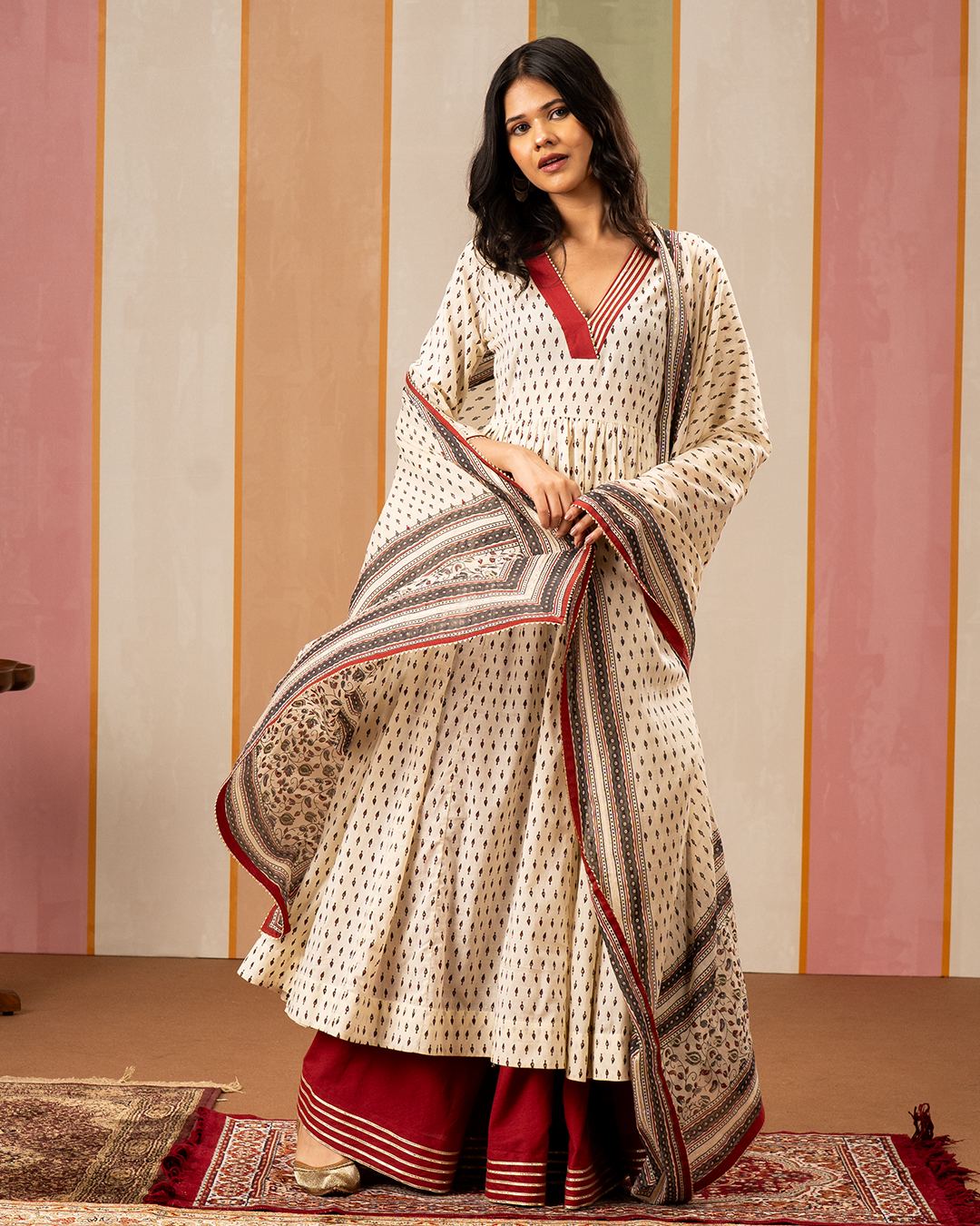 White Printed Cotton Flare Kurta Set