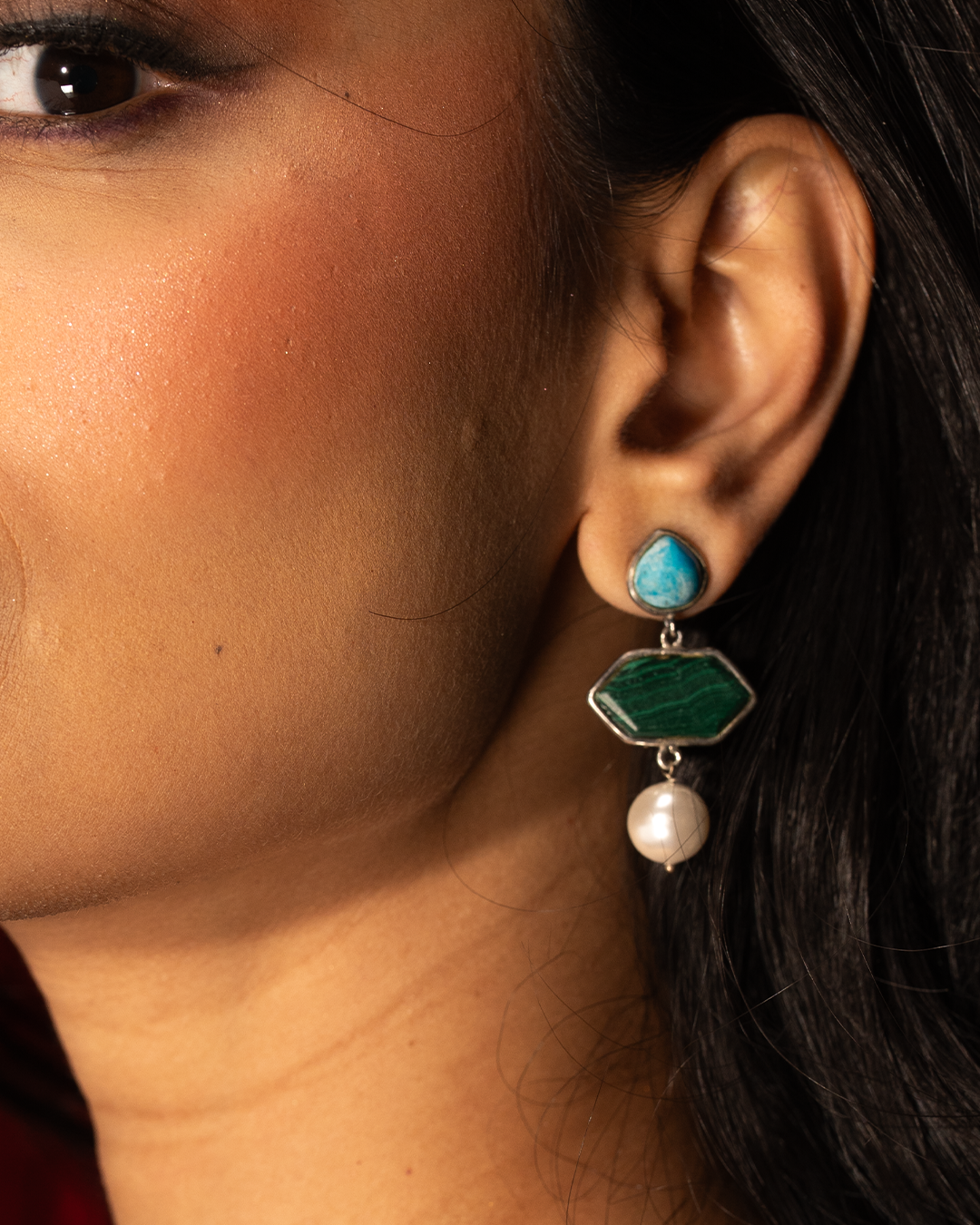 Silver Blue Green Pearl Dangle Earrings