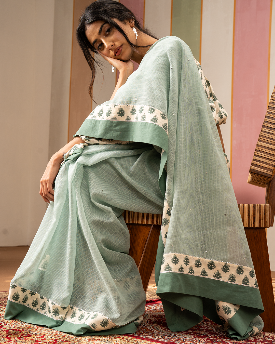 Sea Green Doria Saree with Blockprint Border