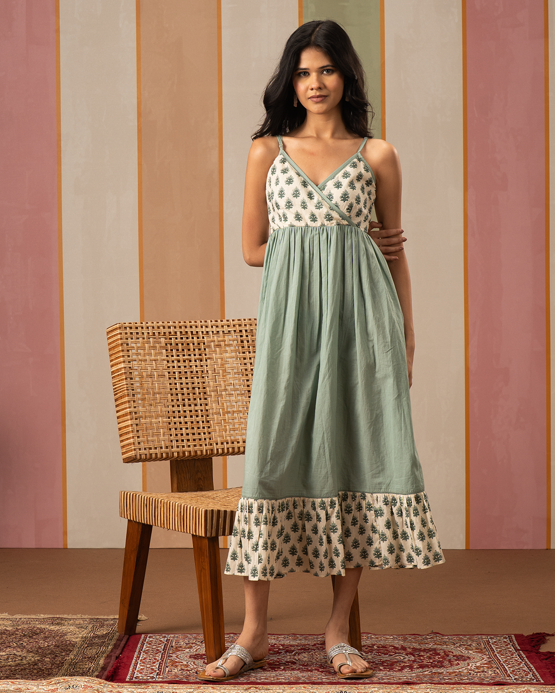 Sea Green Blockprint Cotton Flare Midi Dress