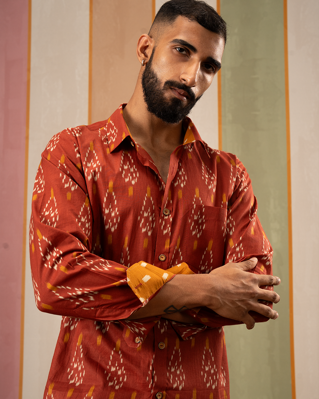 Rust Ikat Printed Cotton Shirt