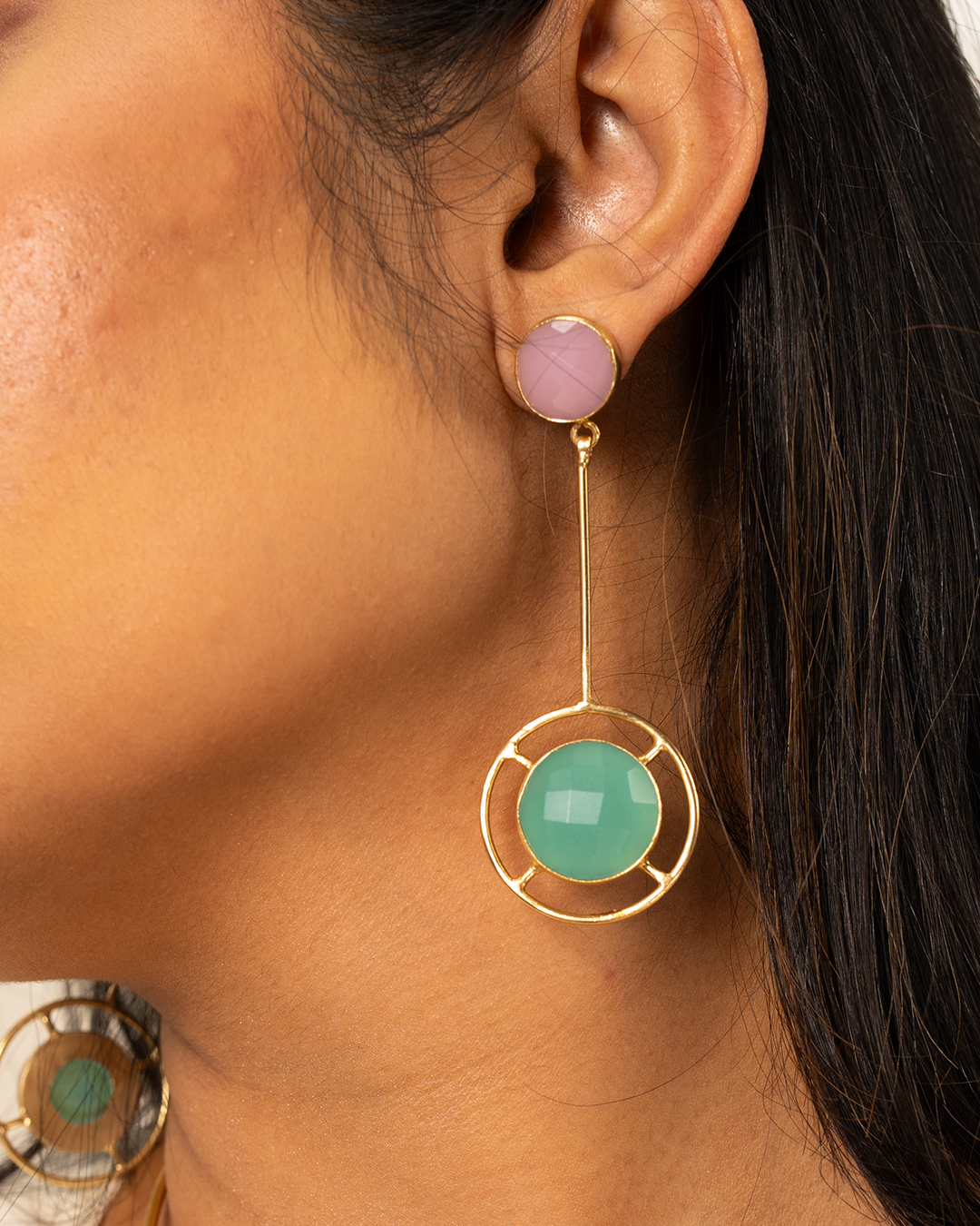 Gold Pink Green Stone Dangle Earrings