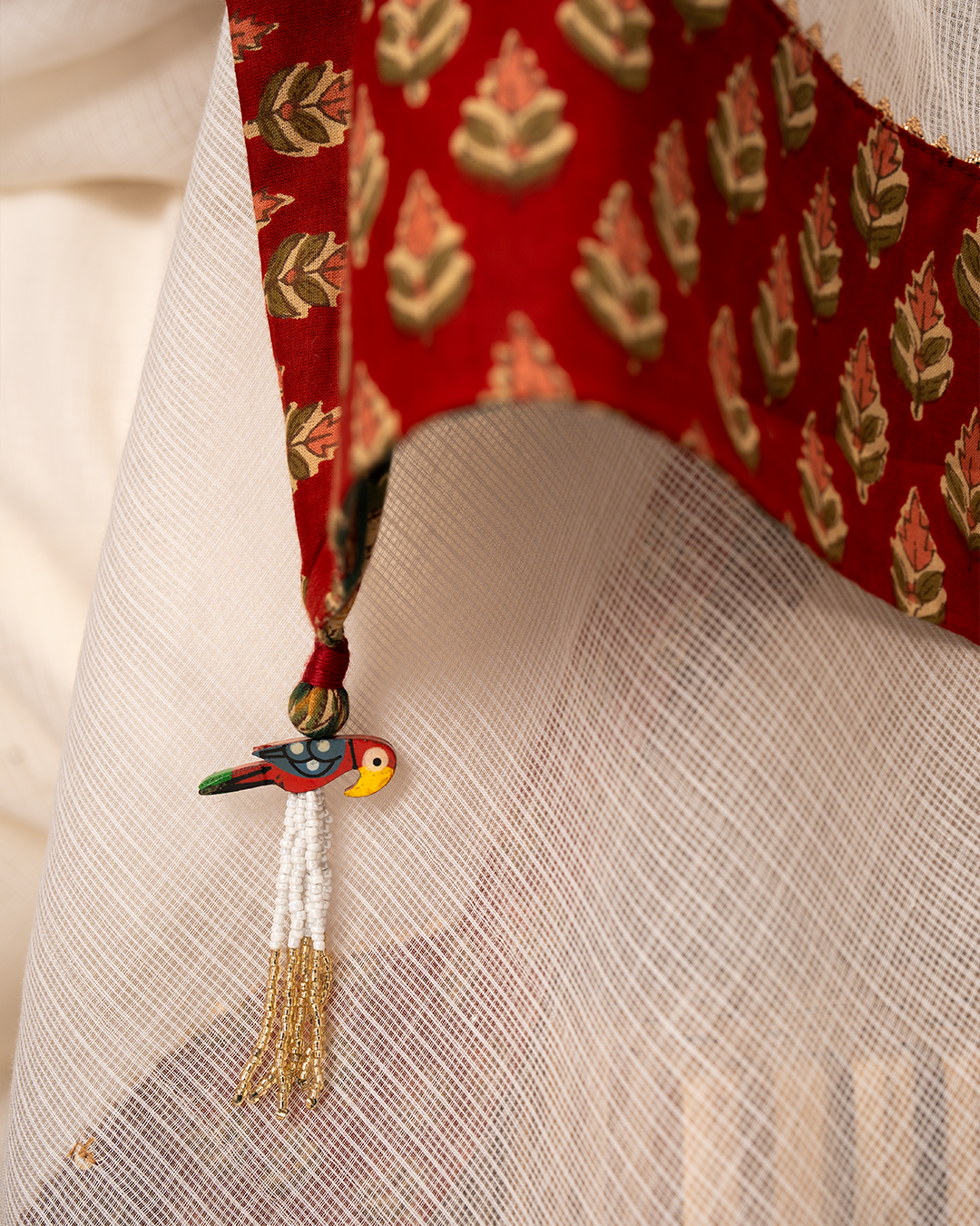 Off White Doria Blockprint Saree with Embroidery