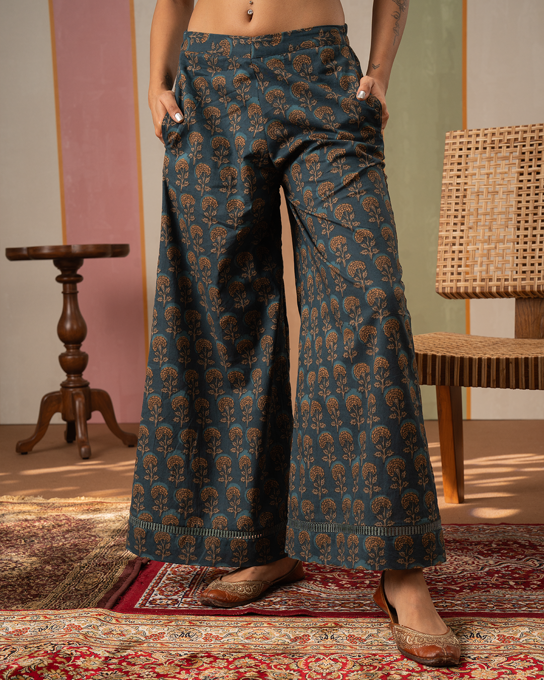 Blue Cotton Blockprint Palazzo Pants