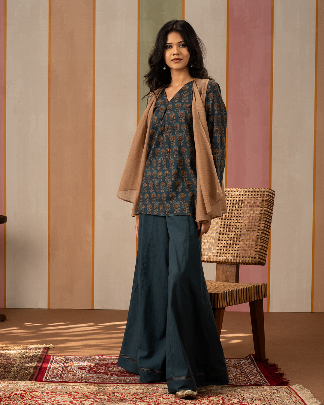Blue and Brown Cotton Doria Blockprint Coord Set with Jacket
