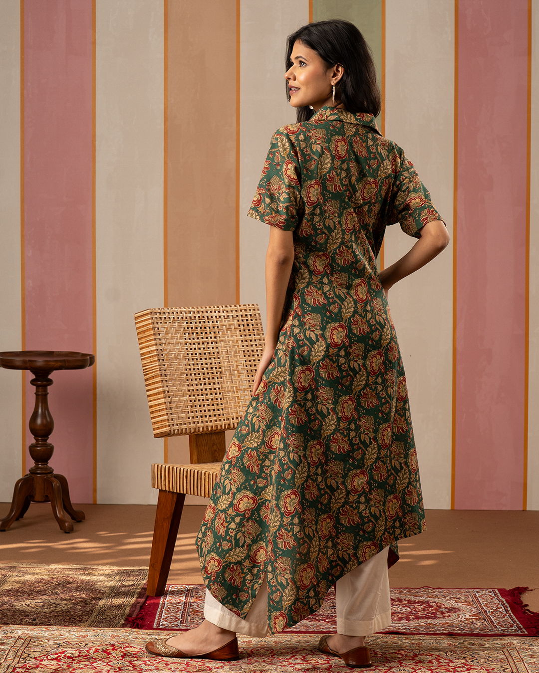 Green Printed Cotton Kaftan Kurta Set