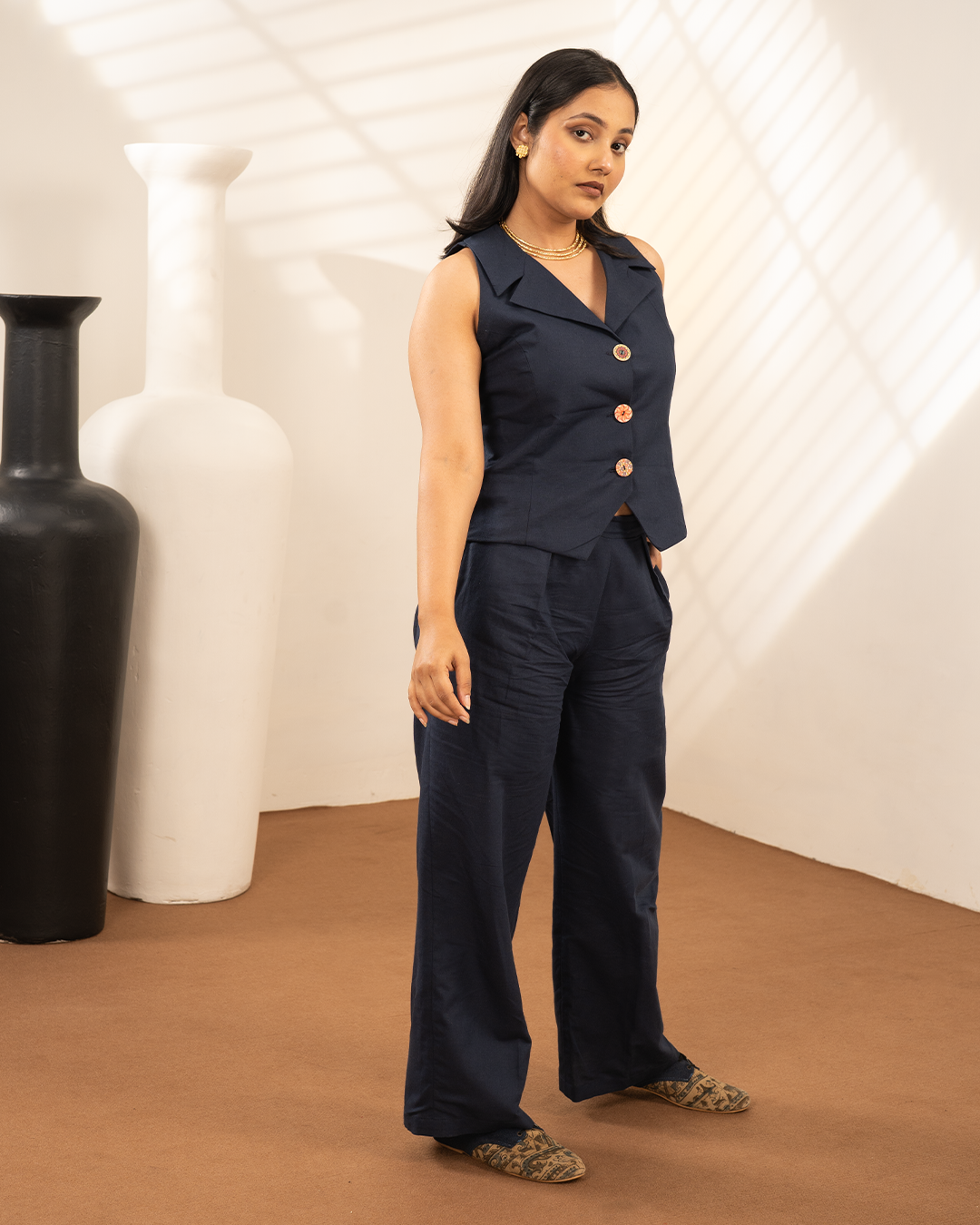 Blue Linen Waistcoat Coord Set