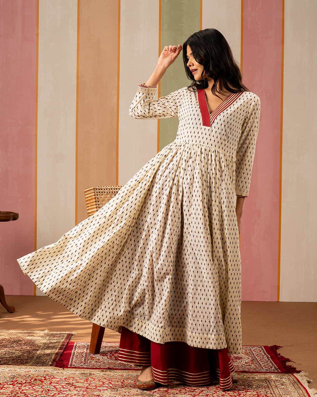 White Blockprint Cotton Flare Kurta