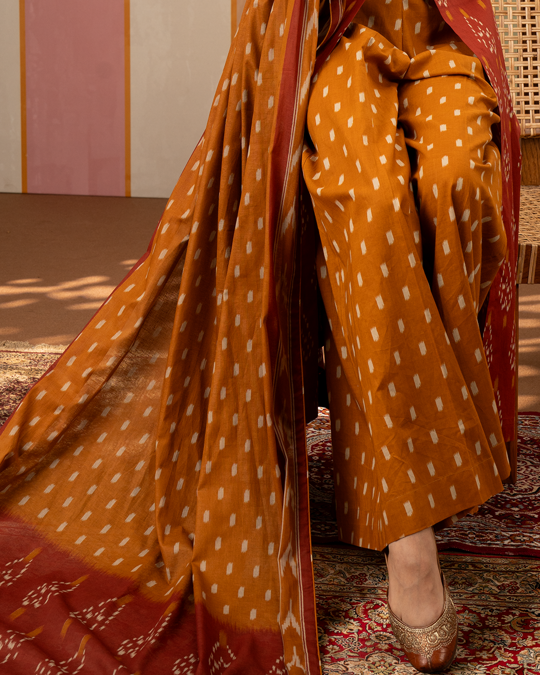 Mustard Ikat Cotton Printed Palazzo Pants