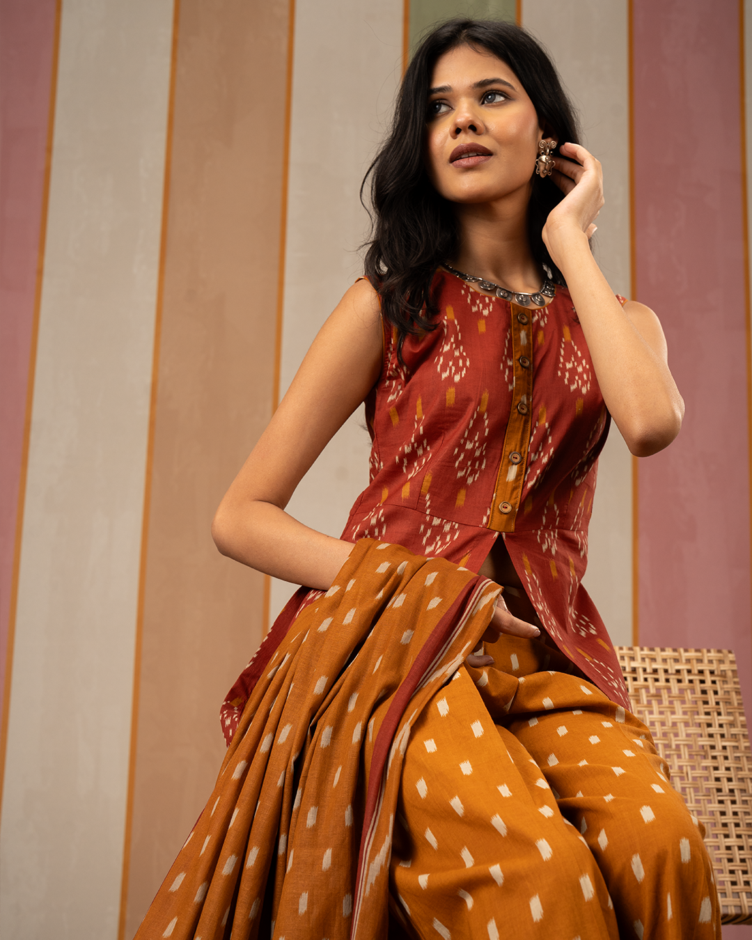 Rust and Mustard Ikat Cotton Printed Kurta Set