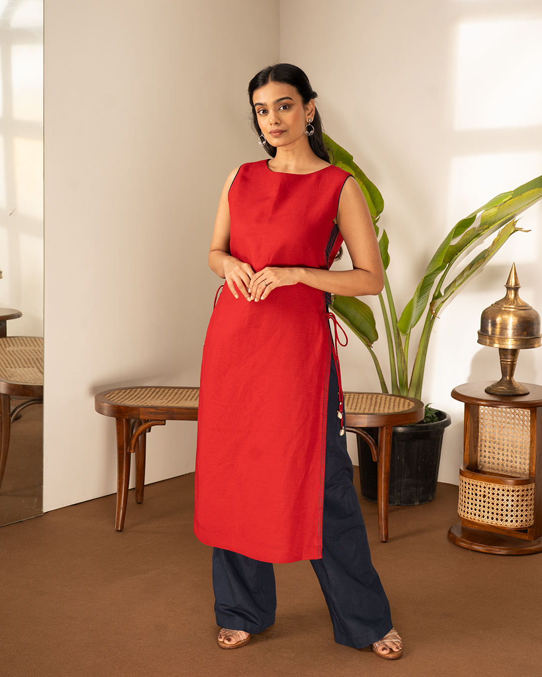 Red Blue Linen Straight 2-Piece Kurta Set