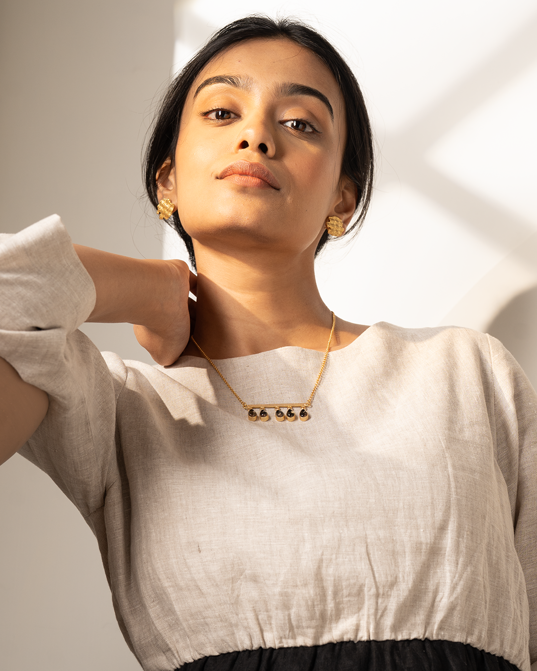 Gold Black Stone Bar Drop Necklace