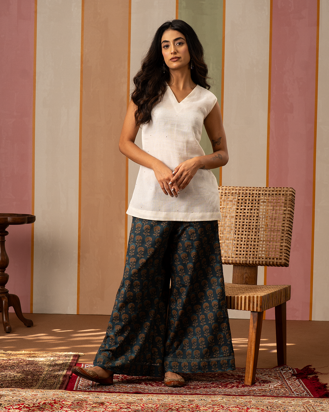 White and Blue Blockprint Cotton Doria Coord Set