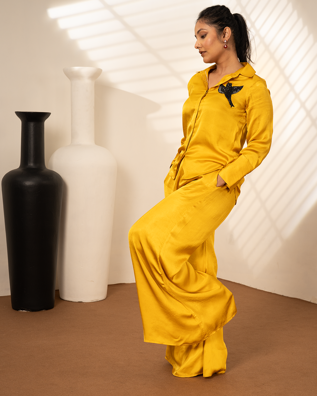 Ochre Yellow Satin Shirt Coord Set