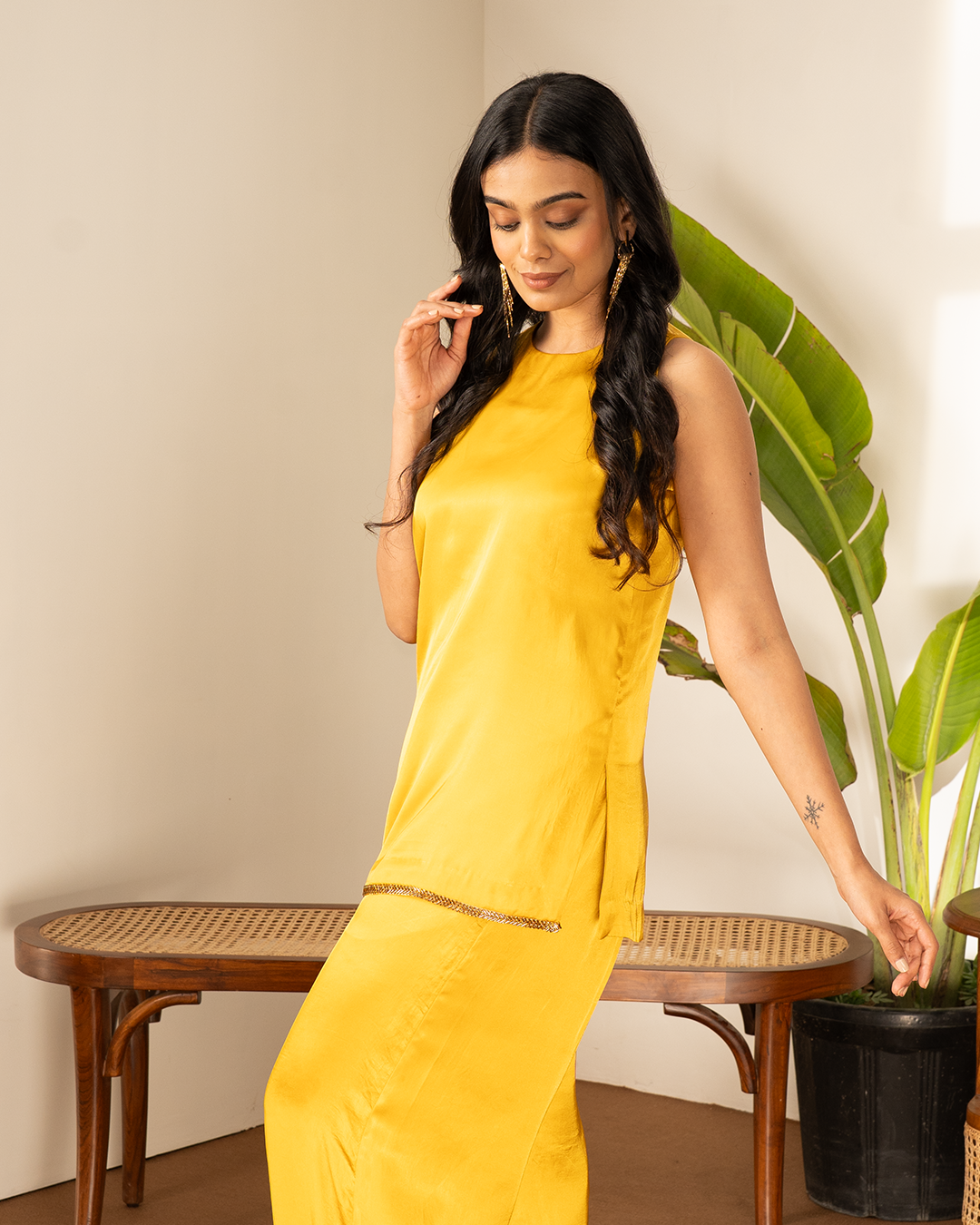 Ochre Yellow Satin Indowestern Kurta