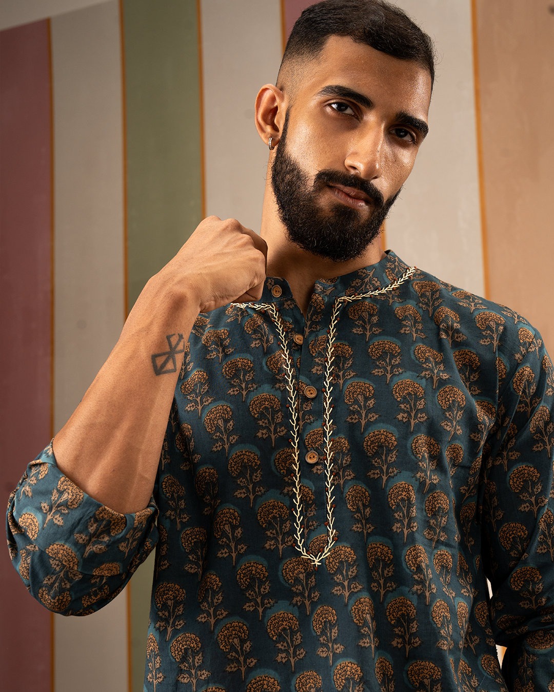 Blue Blockprint Cotton Kurta With Embroidery