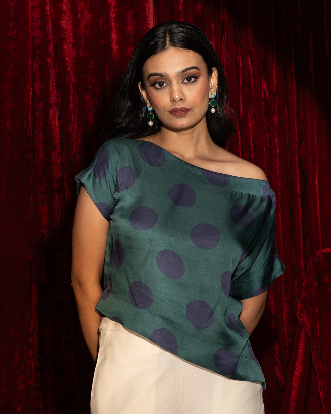 Green Polka Dot Satin Off-Shoulder Top