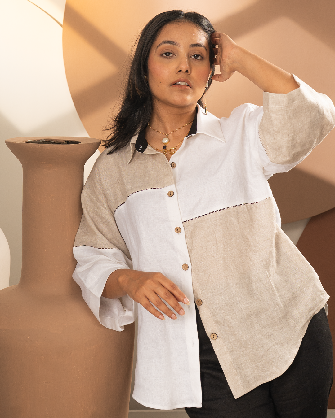 White Beige Linen Loose Fit Shirt