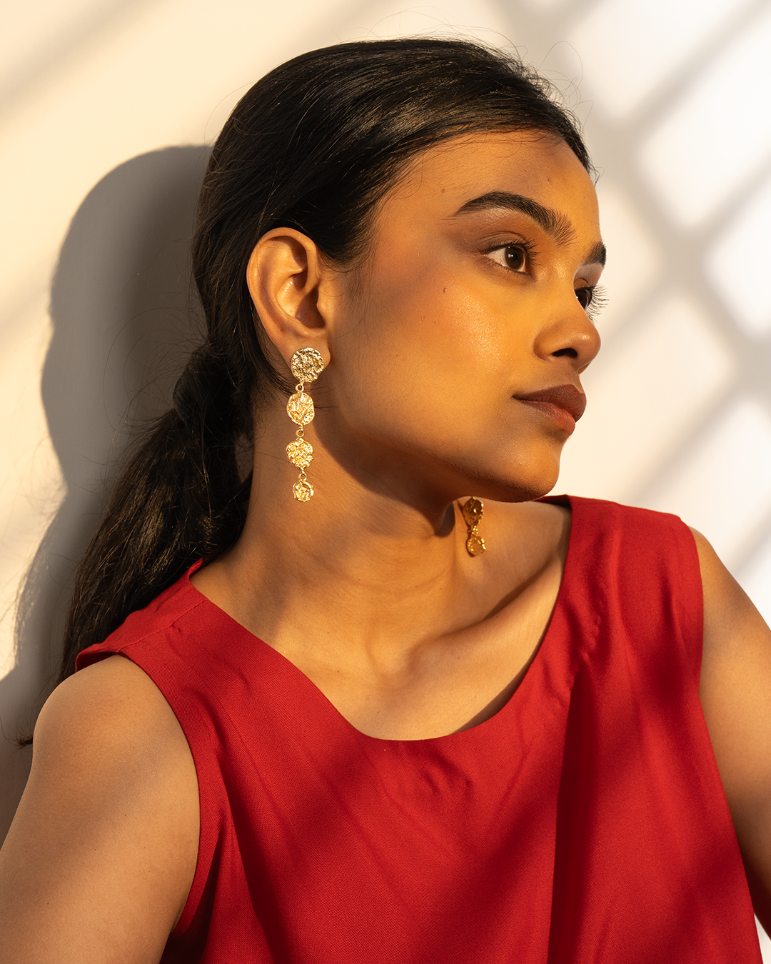 Gold Hammered Disk Dangle Earrings