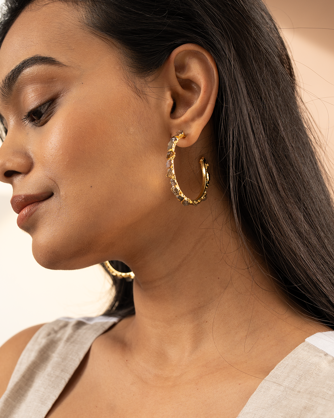 Gold Colored Stone Hoop Earrings