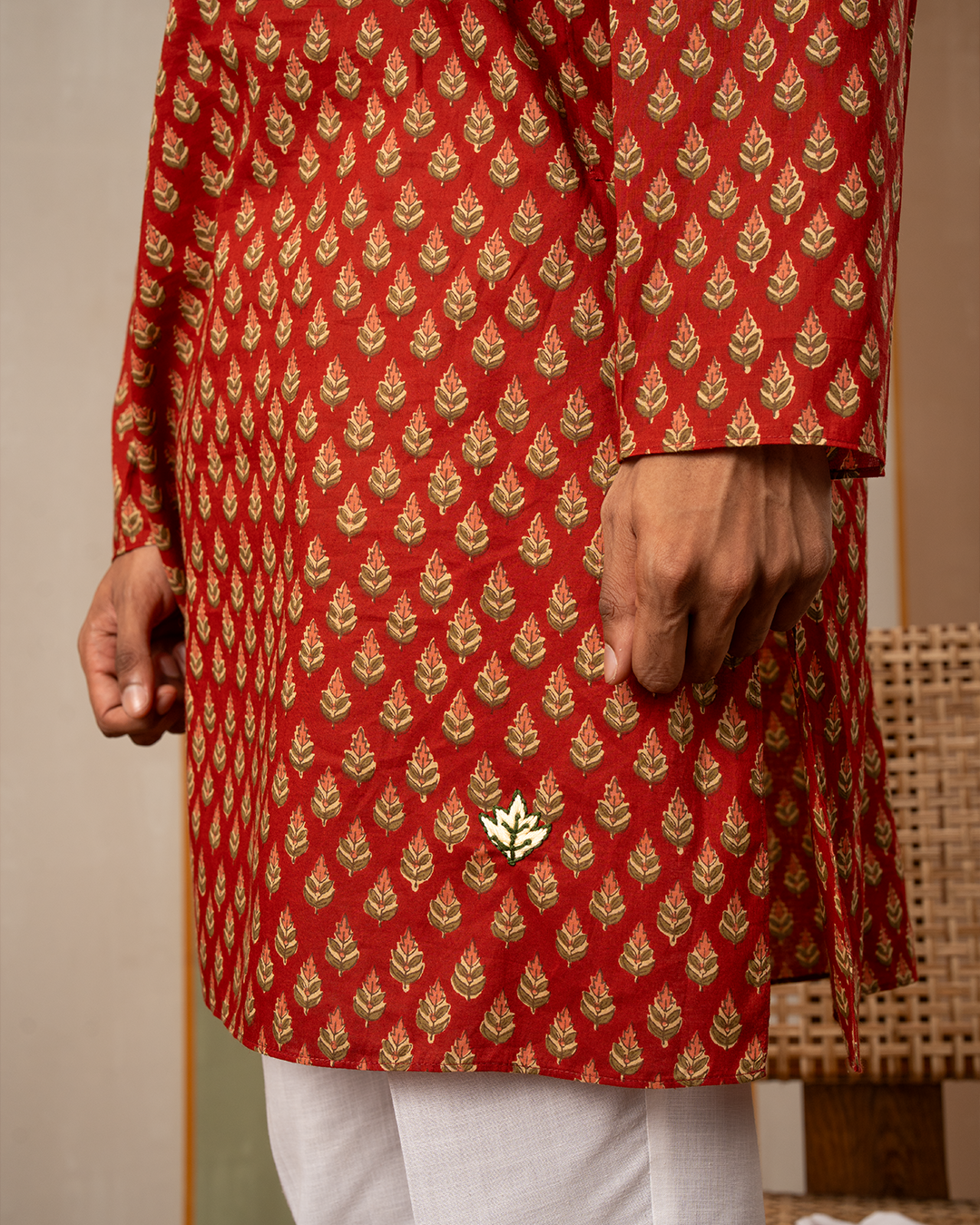 Red Blockprint Cotton Kurta With Embroidery