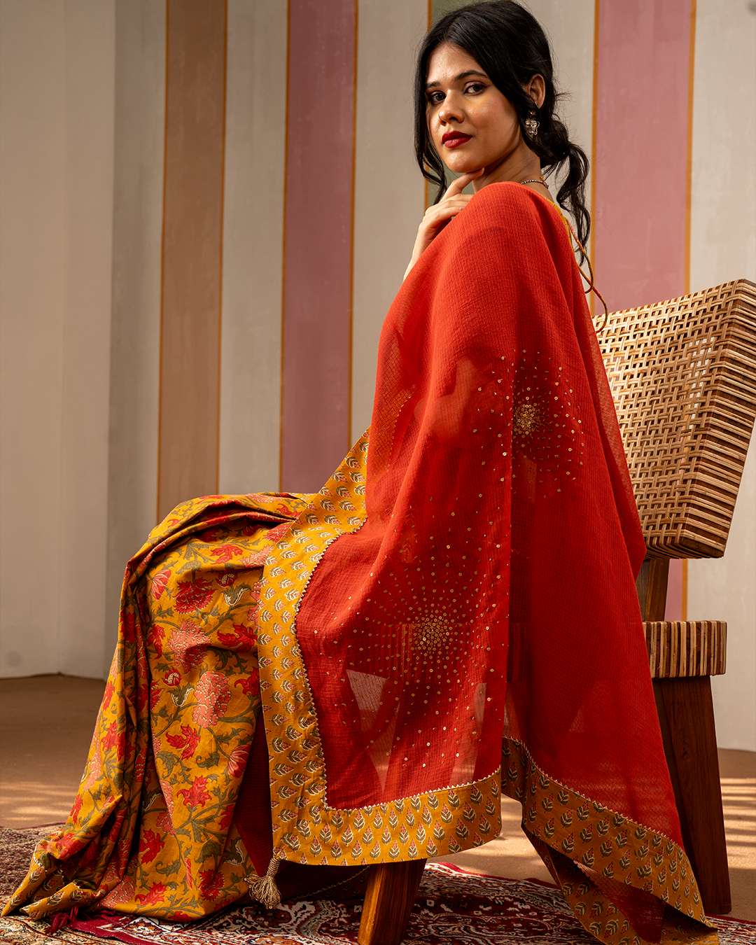Red and Yellow Doria Blockprint Cotton Saree with Embroidery